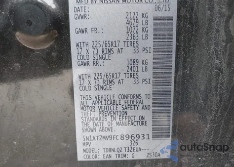 2015 Nissan Rogue Sv из США, поврежденный, VIN 5N1AT2MV9FC896931